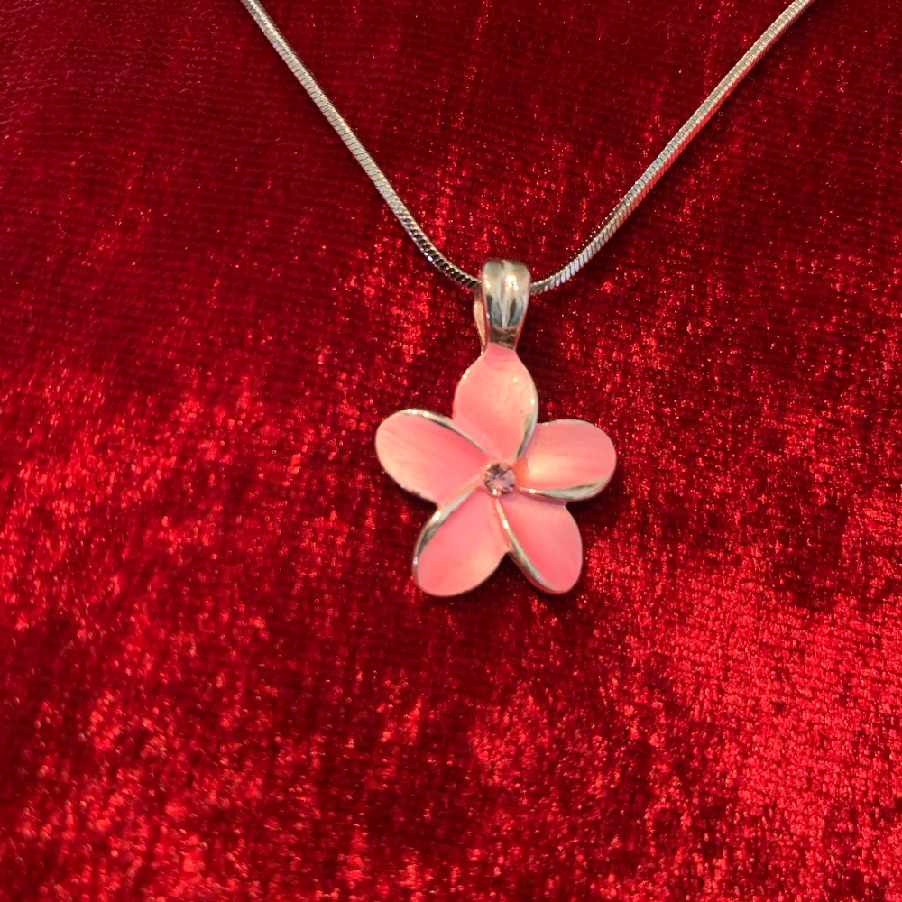 Pink flower pendent on silver 16.5 inch necklace